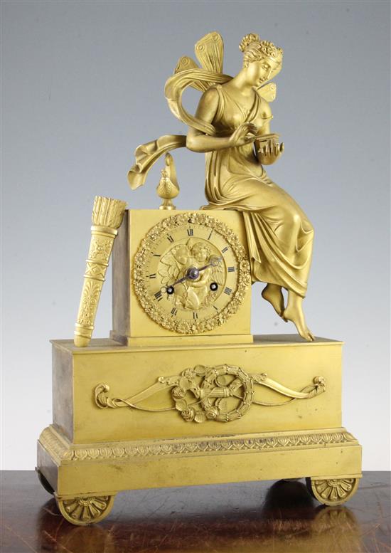 An early 19th century French ormolu mantel timepiece, 15in.